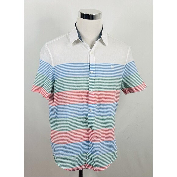Original Penguin Large Heritage Slim Fit Shirt Short Sleeve Striped Blue Orange - Picture 2 of 4
